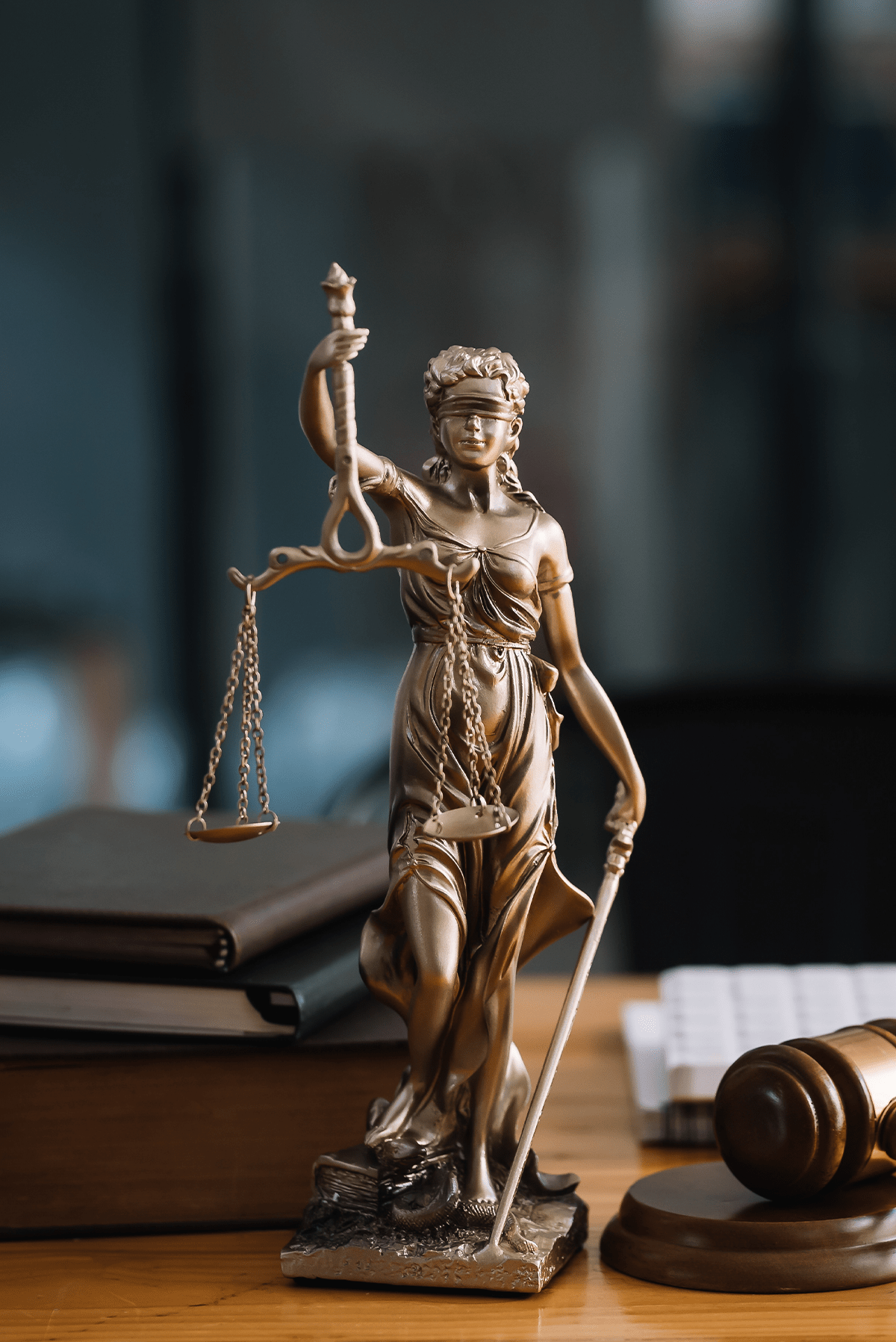 Lady Justice standing in front of a stack of books next to a gavel