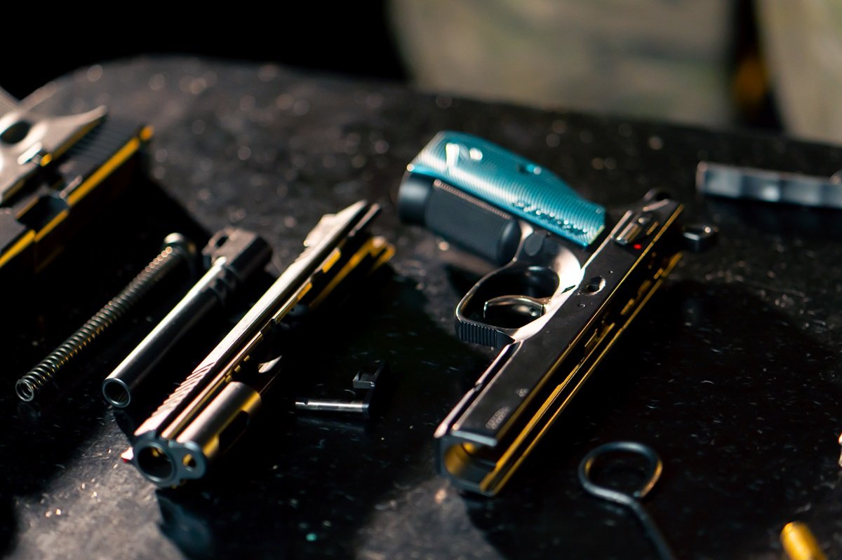Guns sitting on a table