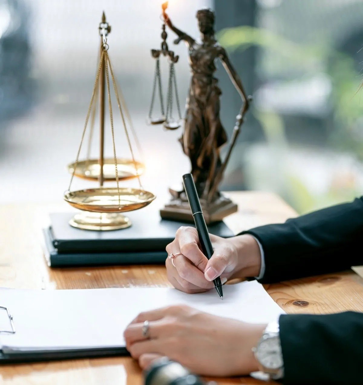A close-up of a lawyer writing on a document at a desk with a gavel, a statue of Lady Justice, and a set of scales.